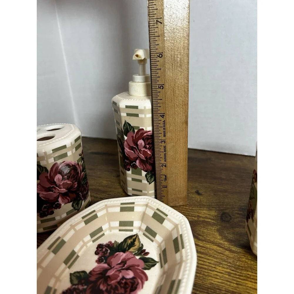 Vintage Water Works Co Floral Rose 4 Pc Ceramic Bathroom Vanity Set Cottagecore